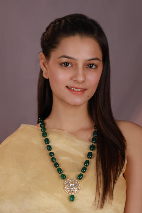 Emerald green beaded Long maala with round stone pendant