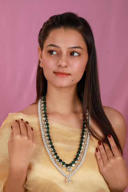 Emerald green beads with white jadtar stone and pearl two layered maala