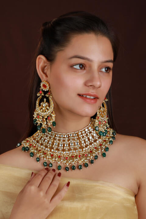 Indian bridal wear pink green necklace set
