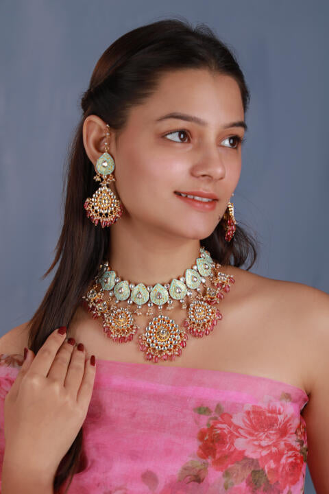 Blue meenakari necklace set with light pink bead