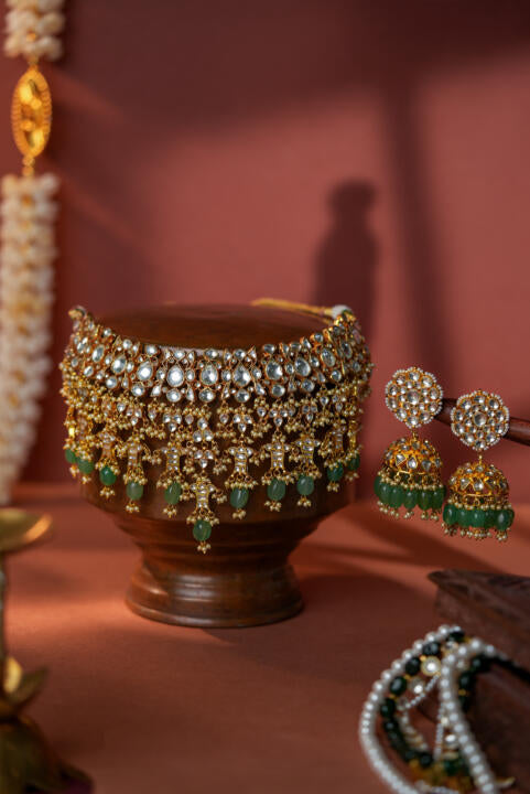 Jade green Bridal necklace with jhumki earrings