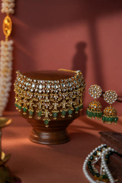 Jade green Bridal necklace with jhumki earrings