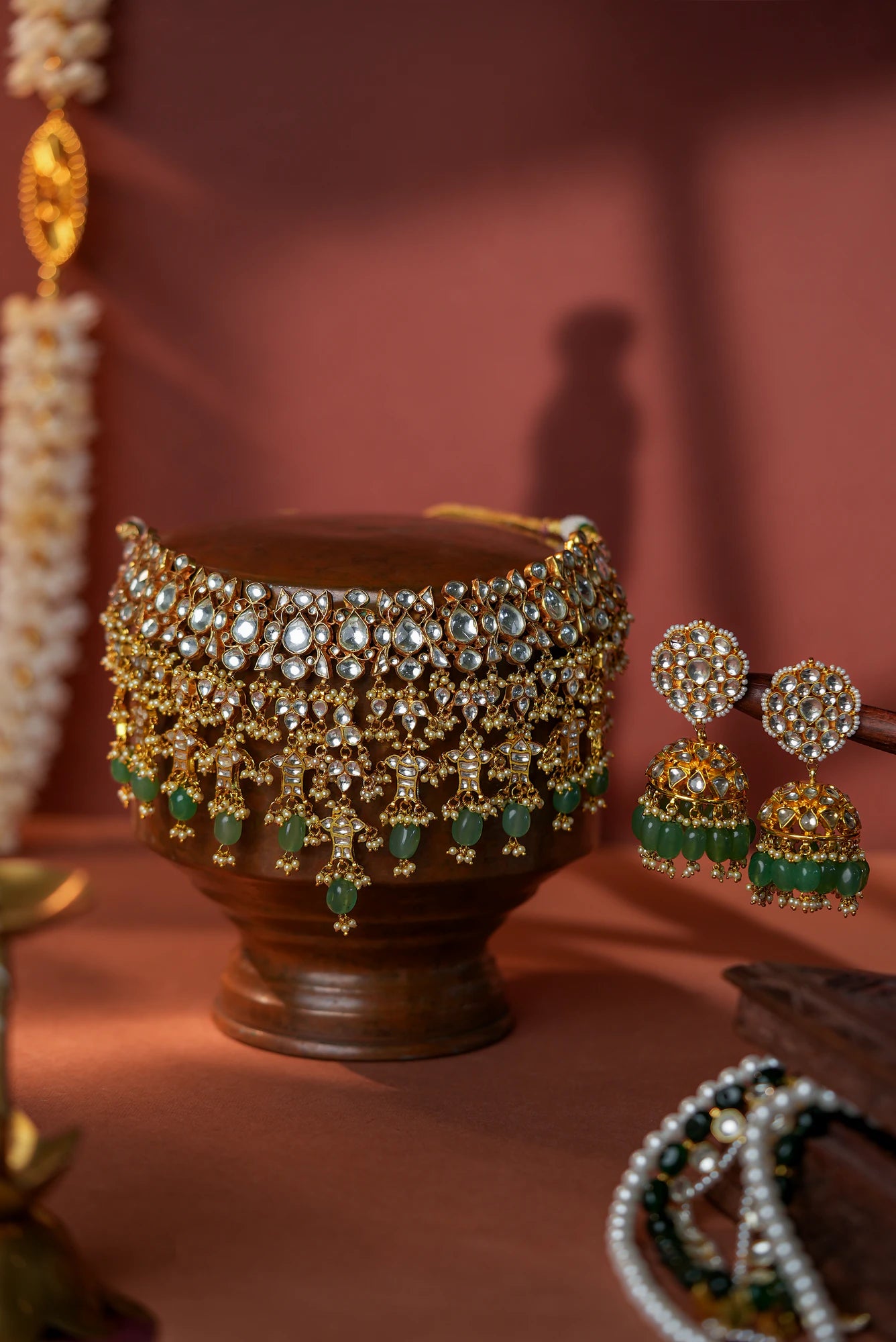 Jade stone Bridal necklace with jhumki earrings