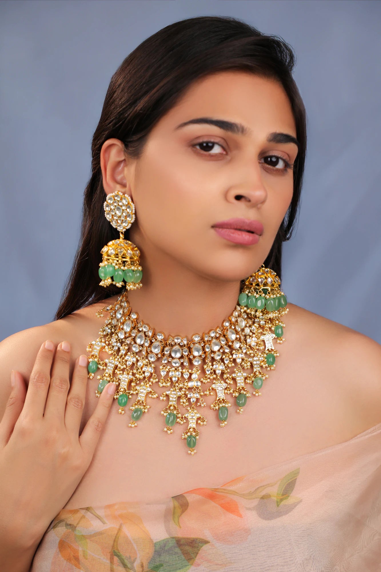 Jade stone Bridal necklace with jhumki earrings