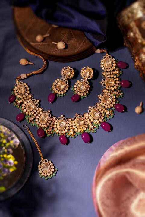 Mozonite necklace set with silver and gold finish with Ruby beads