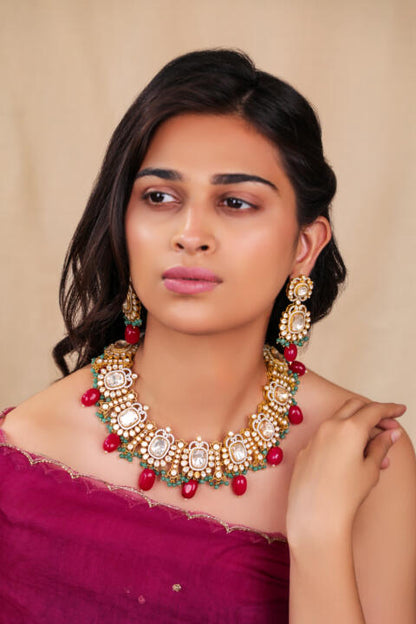 Mozonite necklace set with silver and gold finish with Ruby beads