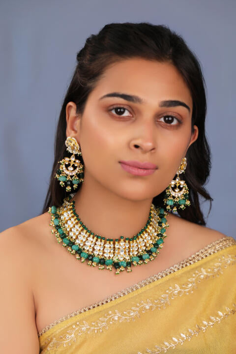 festive wear choker set with shades of emerald drops