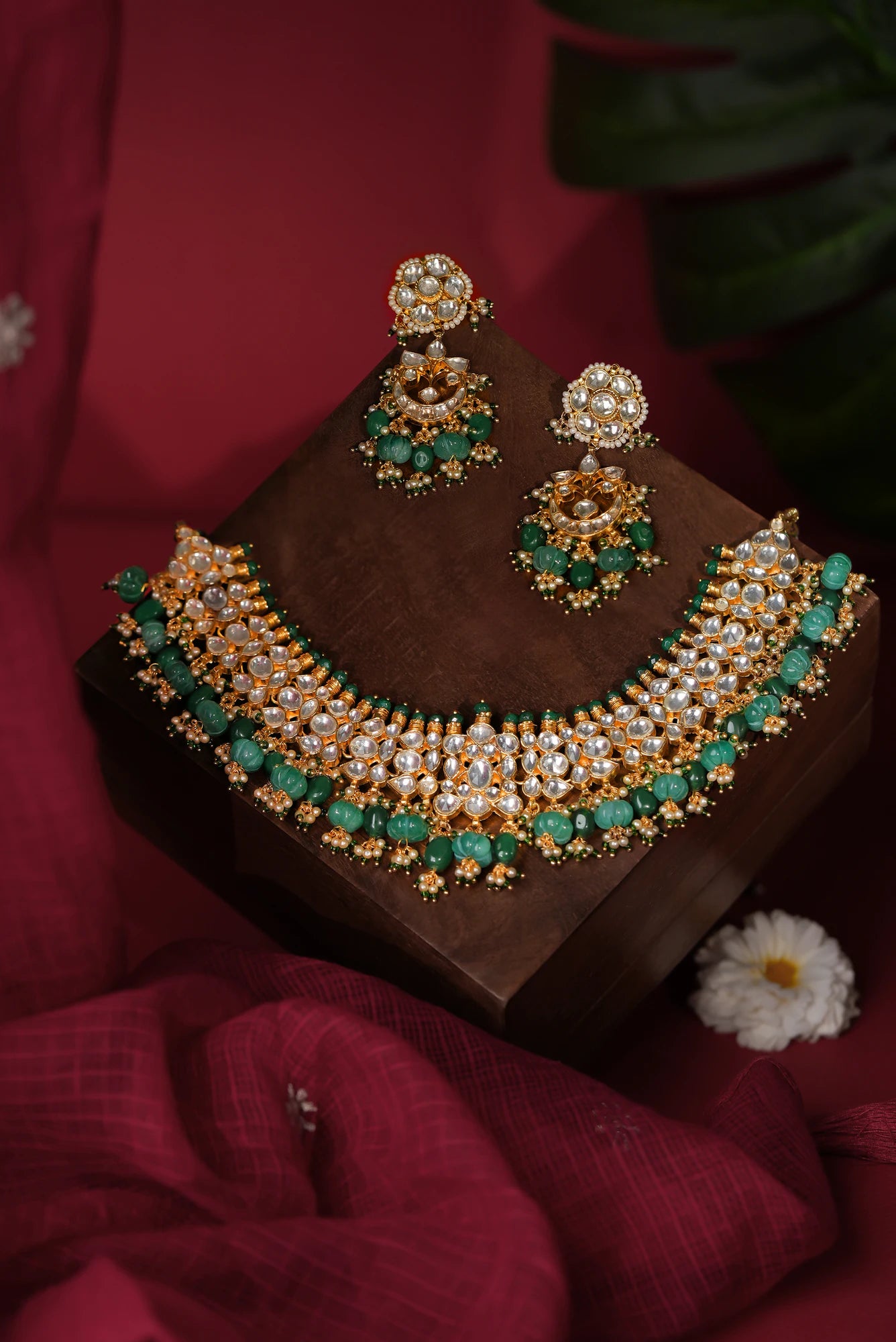 festive wear choker set with shades of emerald drops