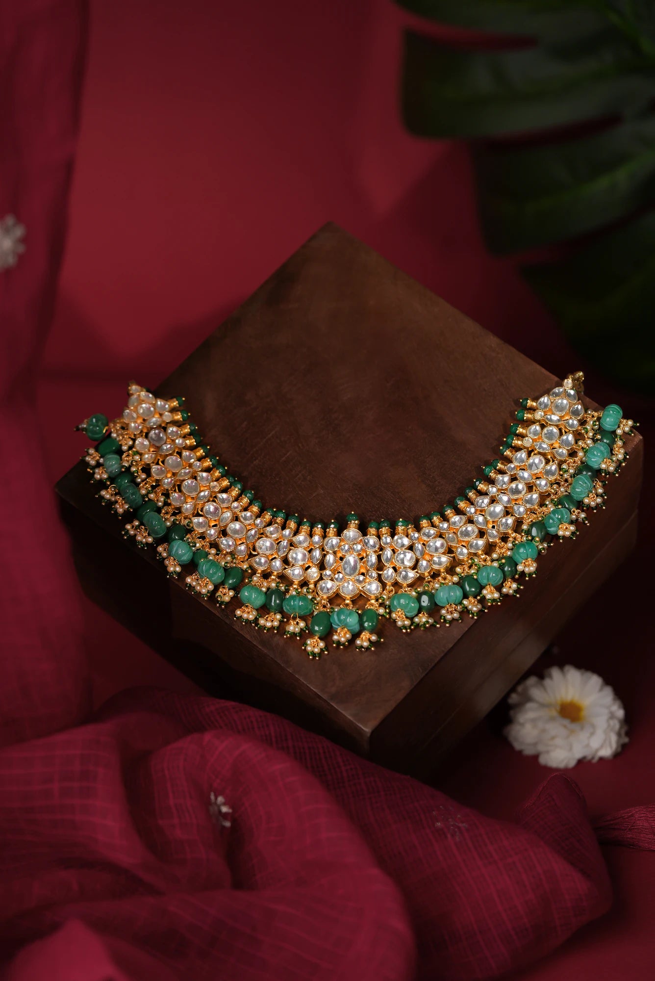festive wear choker set with shades of emerald drops