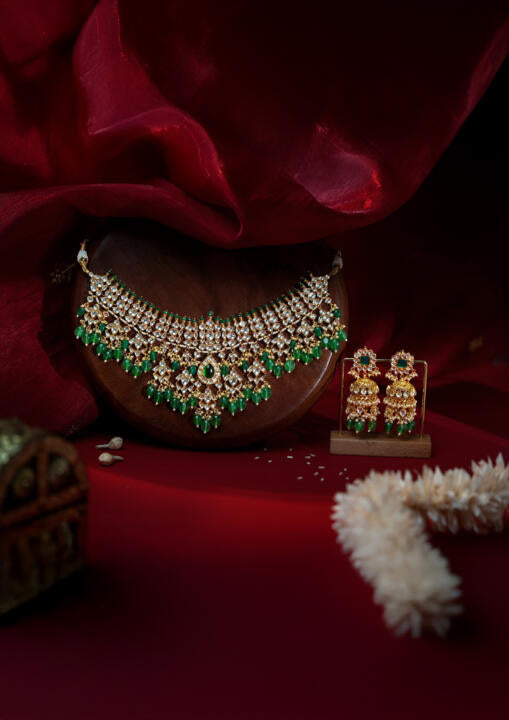 White jadtar stone Bridal necklace set with emerald drops