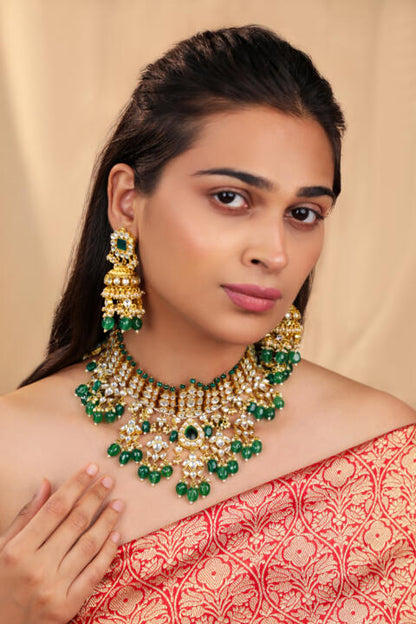 White jadtar stone Bridal necklace set with emerald drops