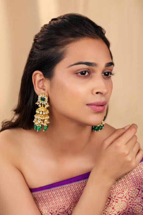 White jadtar stone Bridal necklace set with emerald drops