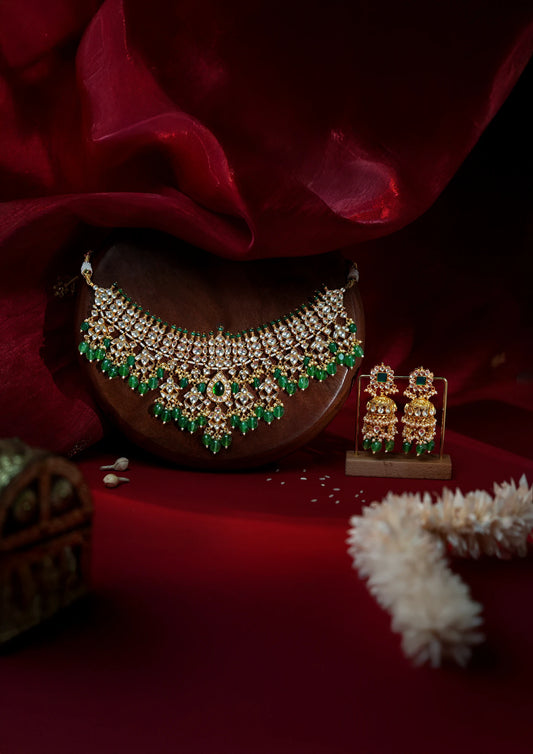 White jadtar stone Bridal necklace set with emerald drops