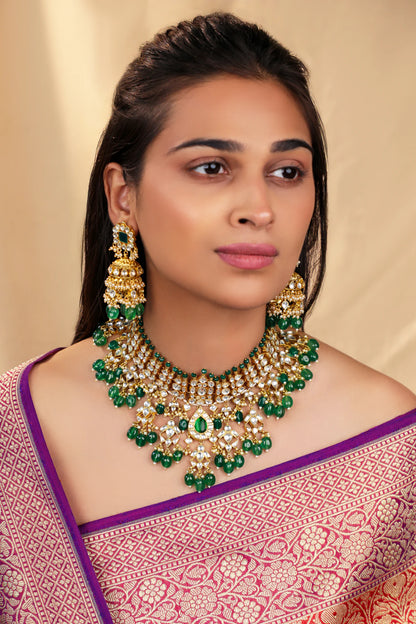 White jadtar stone Bridal necklace set with emerald drops