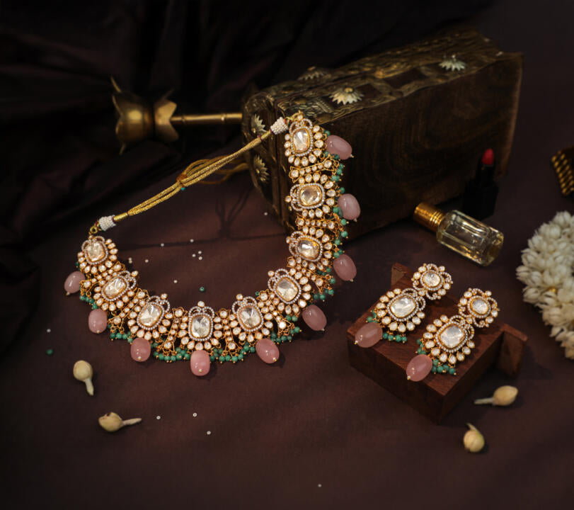 Pastel mozonite necklace set with Jade stones