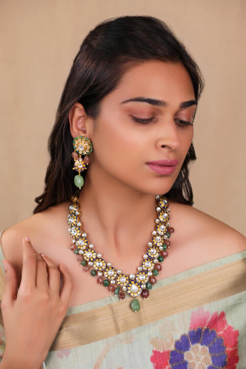Blue Mina necklace set with pastel shades of pink and mint green