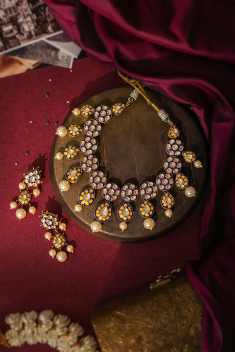Royal mina work necklace in blue colour with pearls