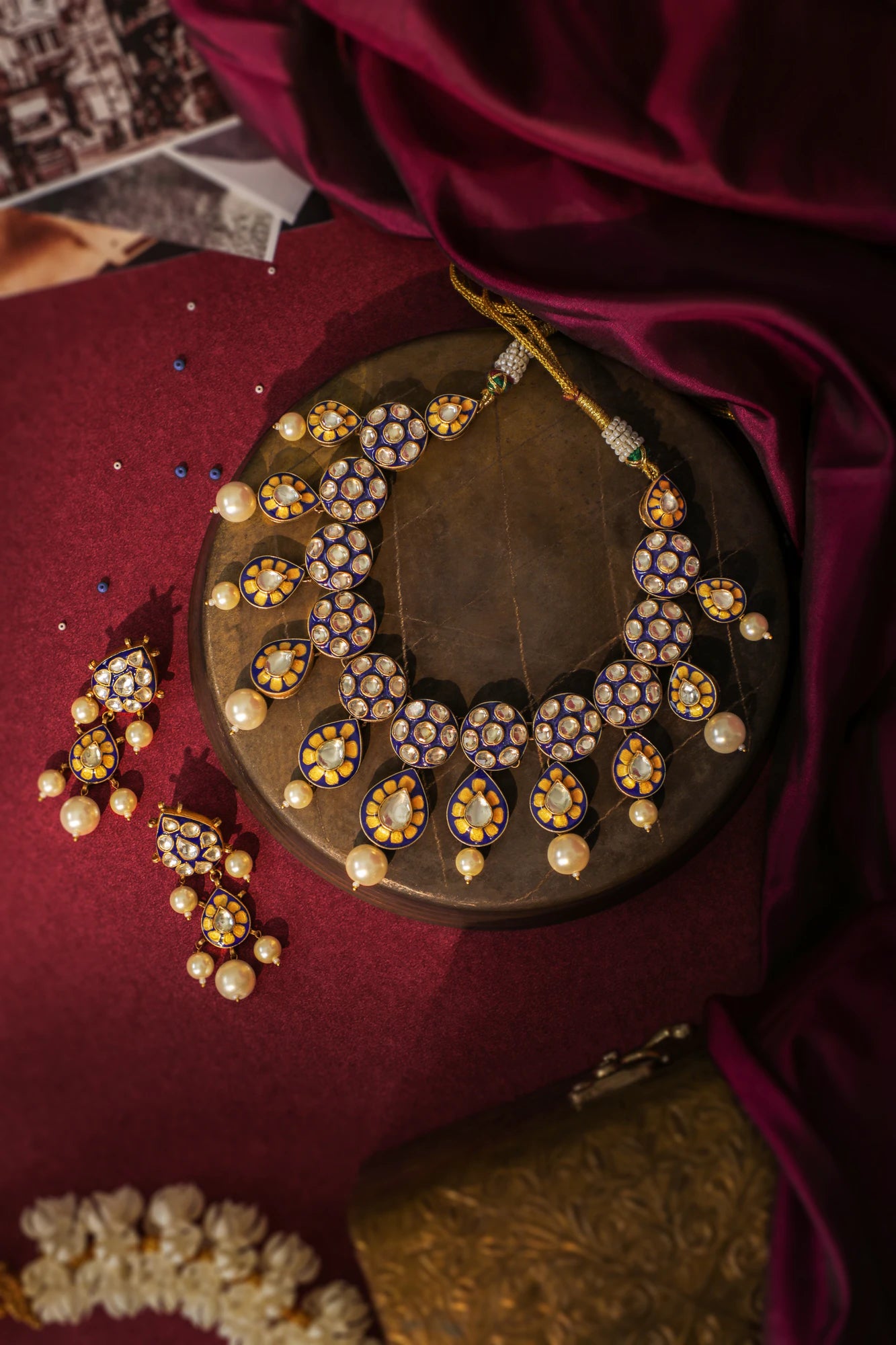 Royal mina work necklace in blue colour with pearls