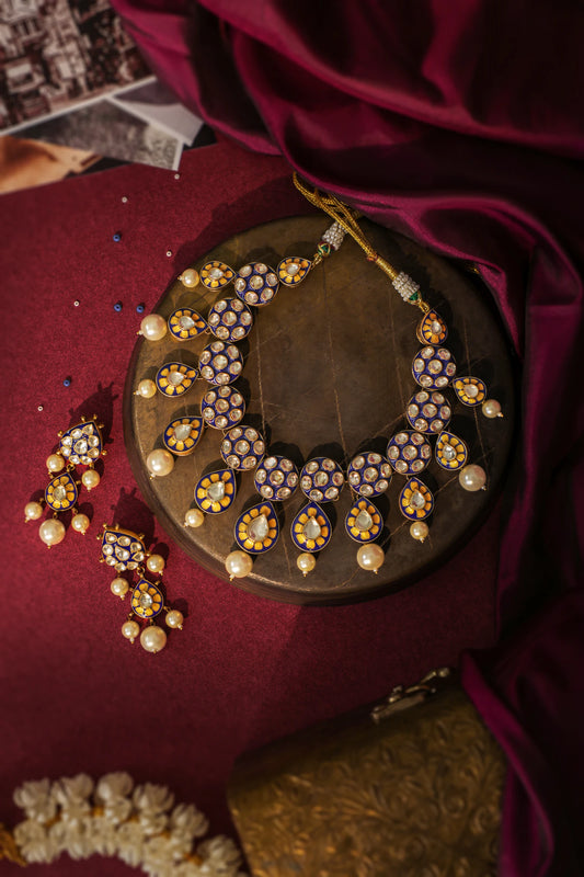 Royal mina work necklace in blue colour with pearls