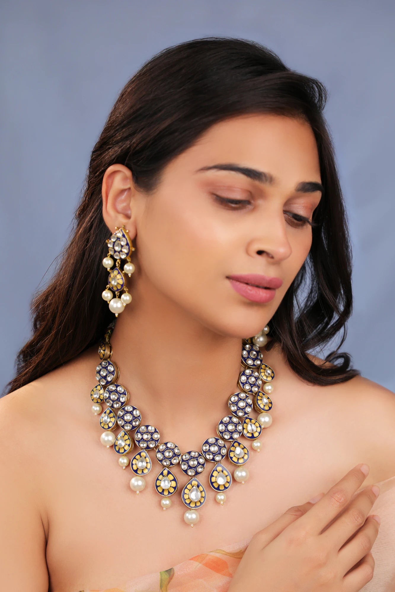 Royal mina work necklace in blue colour with pearls