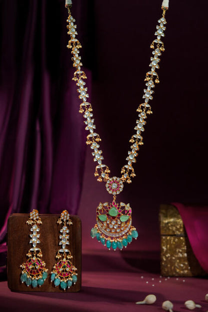 Jadau long pendant necklace with ruby stones and sea green pastel beads