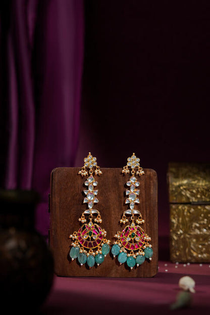 Jadau long pendant necklace with ruby stones and sea green pastel beads