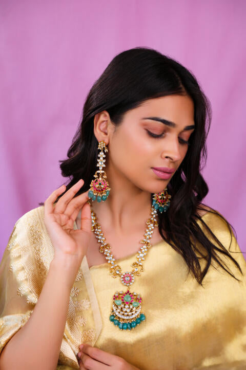 Jadau long pendant necklace with ruby stones and sea green pastel beads