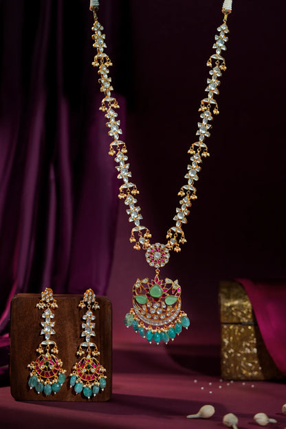 Jadau long pendant necklace with ruby stones and sea green pastel beads