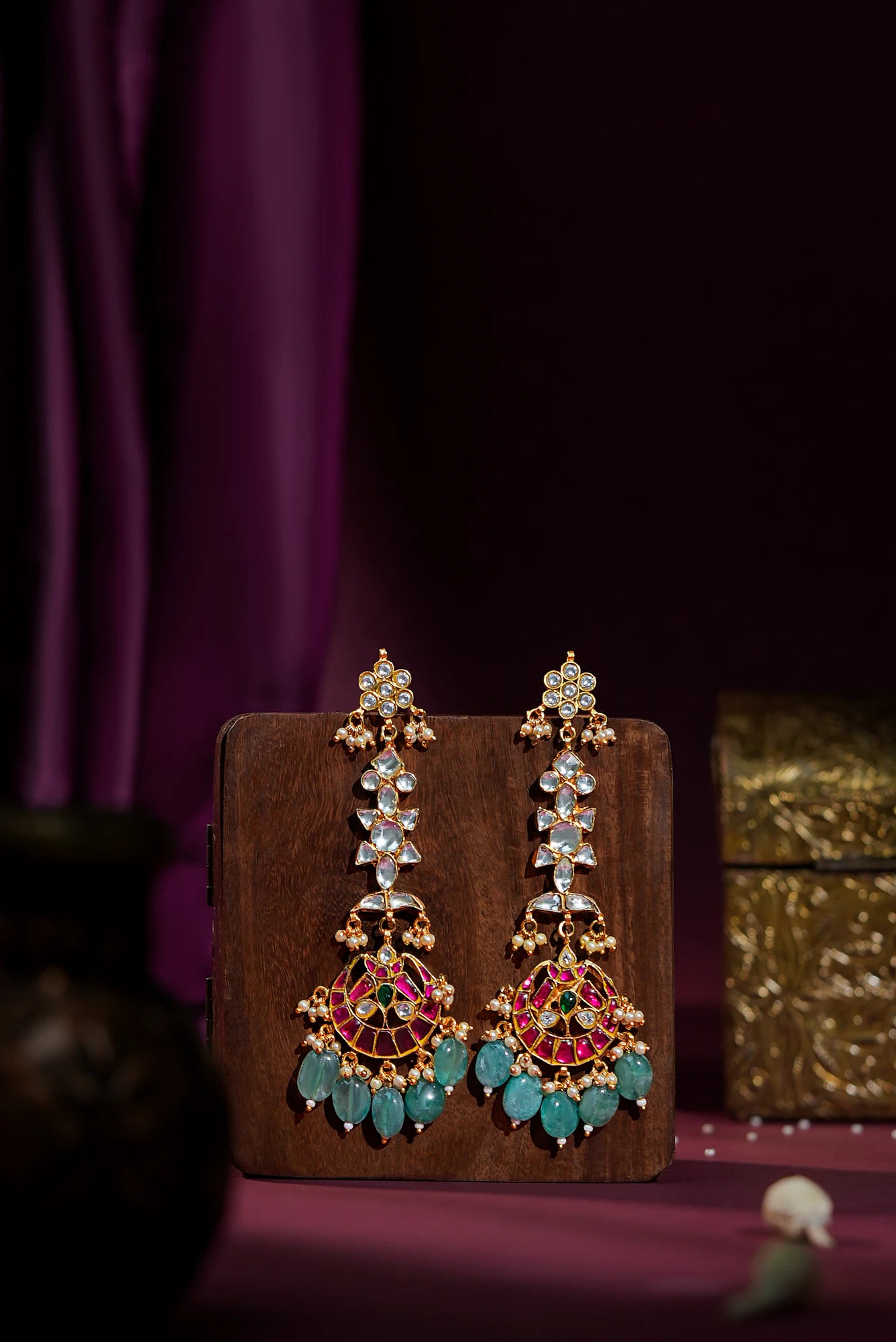 Jadau long pendant necklace with ruby stones and sea green pastel beads