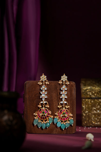 Jadau long pendant necklace with ruby stones and sea green pastel beads