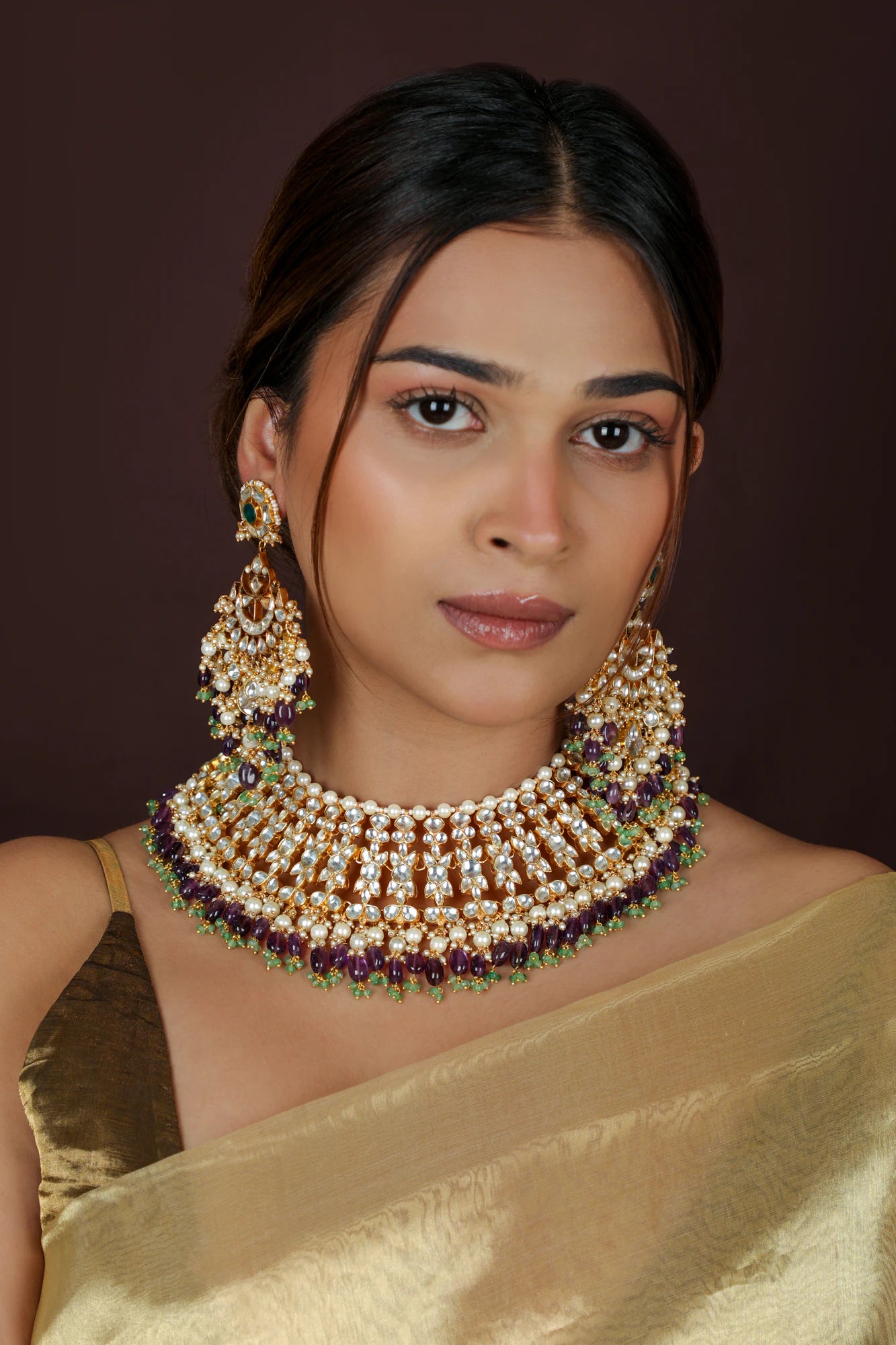 Purple & green jadau bridal necklace set/wedding wear