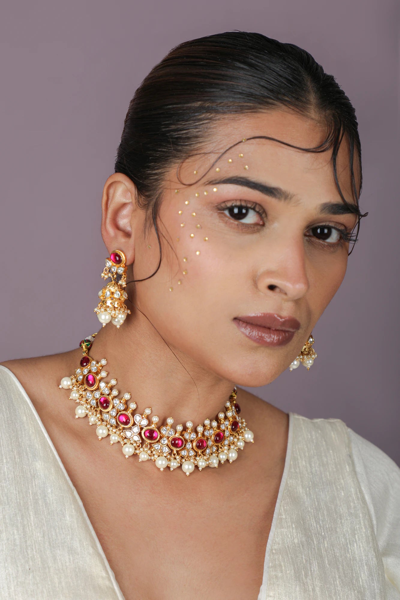 Rose pink stone with pearl beaded choker set