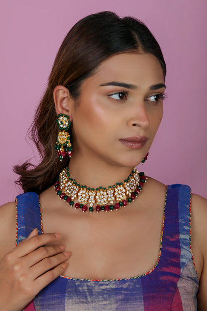 Traditional jadtar choker necklace & Earrings with marron & purple set