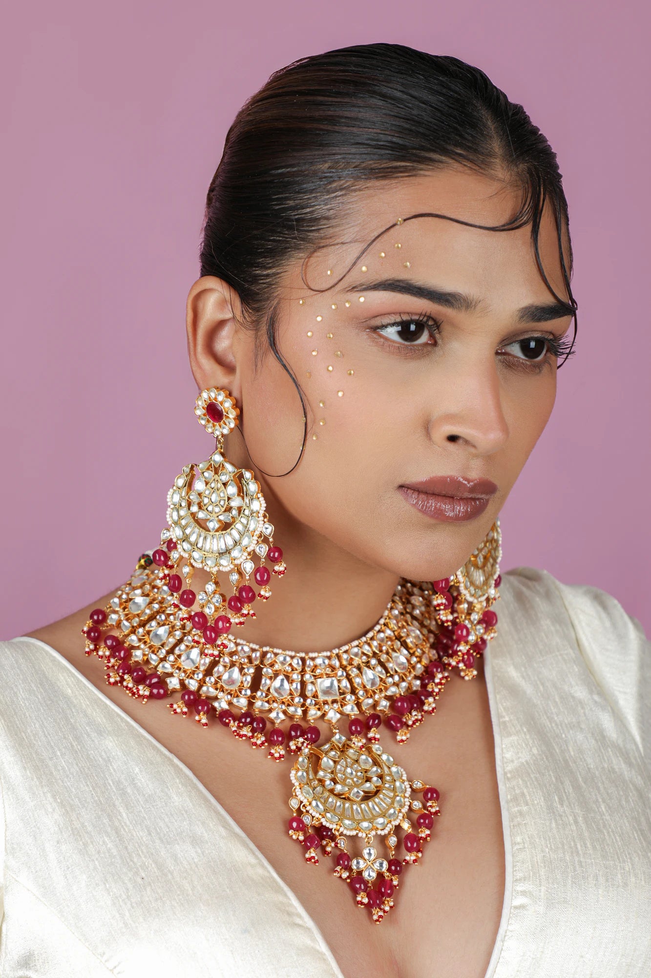 Gold plated pink beaded necklace set