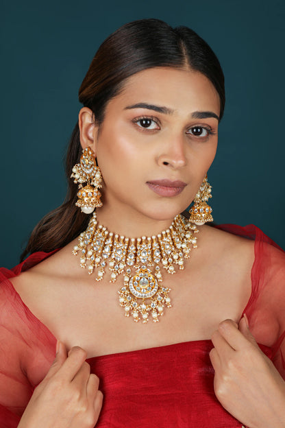 Ethnic Jadtar and Semi-Precious Stone Choker with Matching Earrings