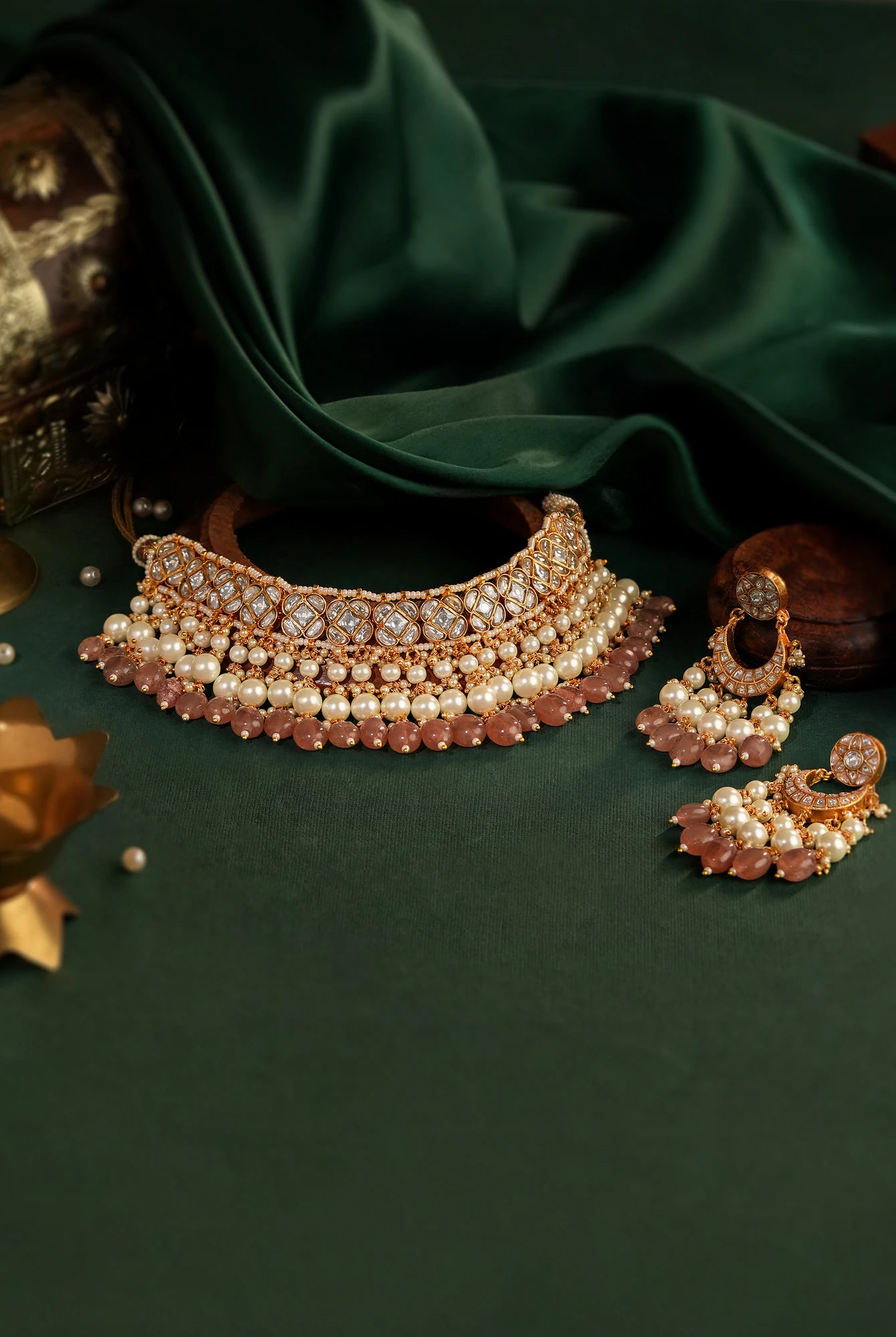 Gold finish pastel pink beaded choker set with pearl