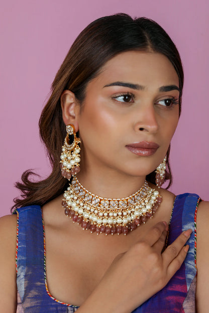 Gold finish pastel pink beaded choker set with pearl