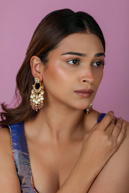 Gold finish pastel pink beaded choker set with pearl