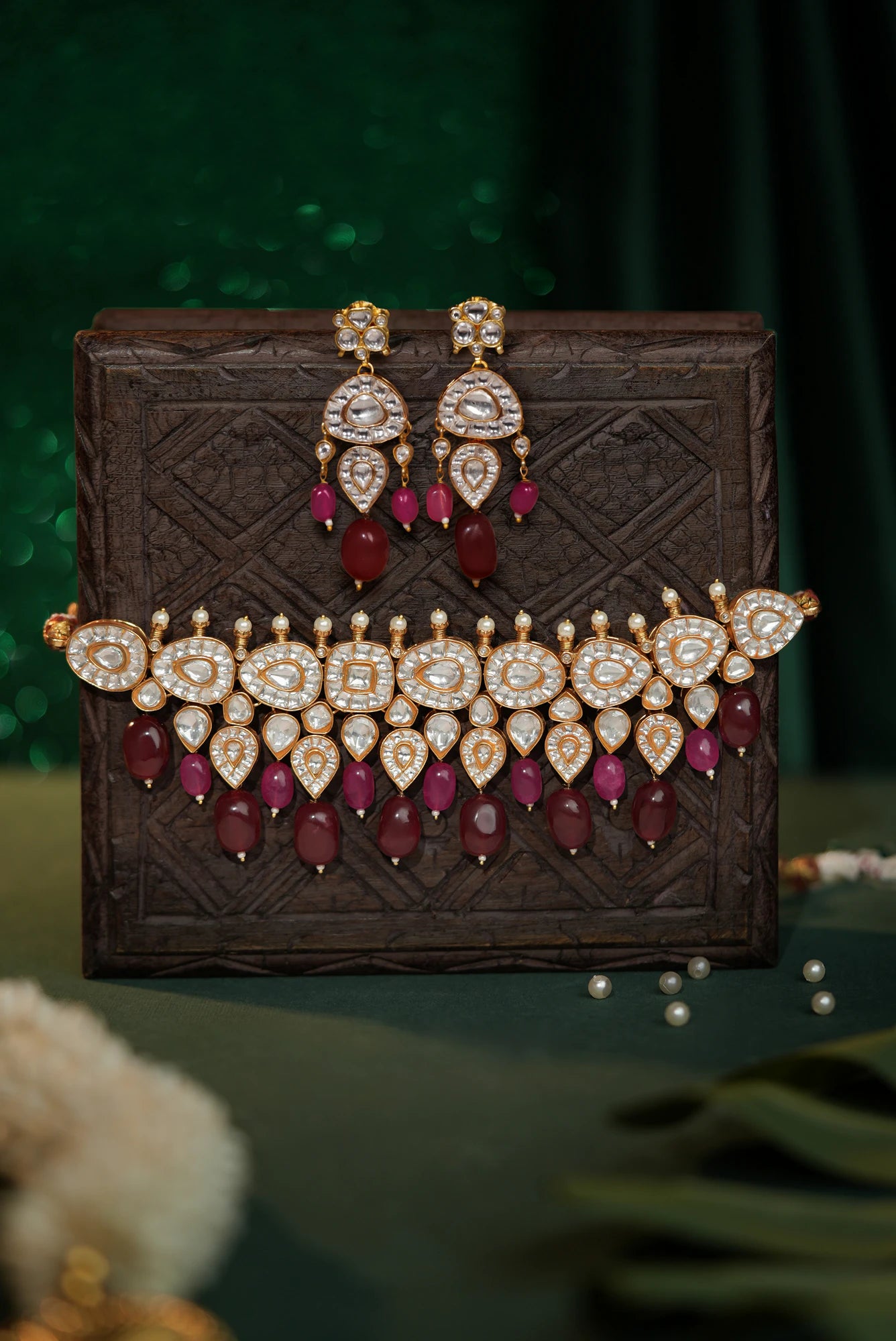 Rani pink gold plated ruby beaded choker necklace set