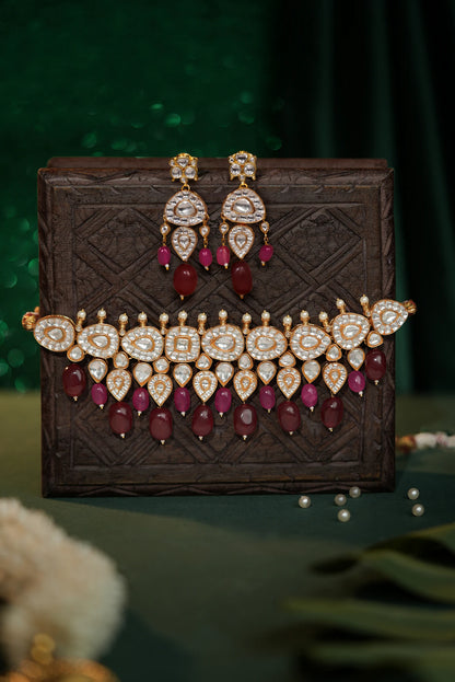 Rani pink gold plated ruby beaded choker necklace set
