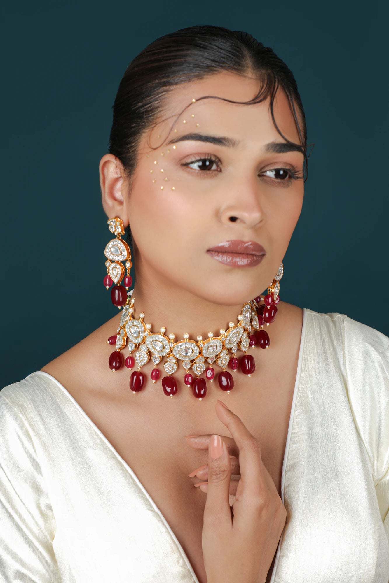Rani pink gold plated ruby beaded choker necklace set