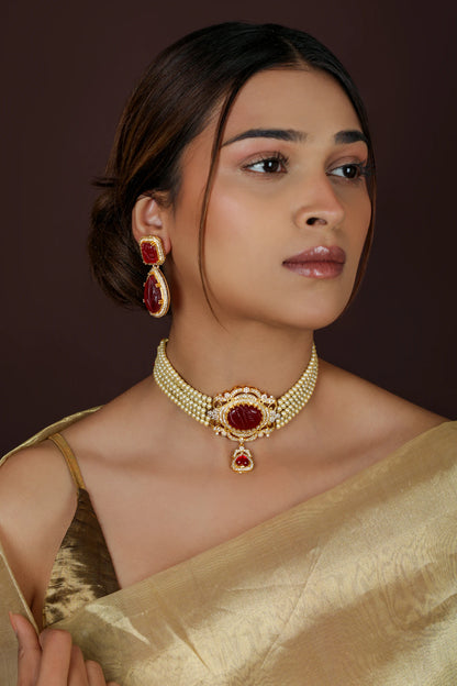 Handcrafted Gold Plated Red Stone With Pearl Choker Set