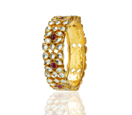 Gold Finish White And Pink Jadtar Stone Double Line Kadda