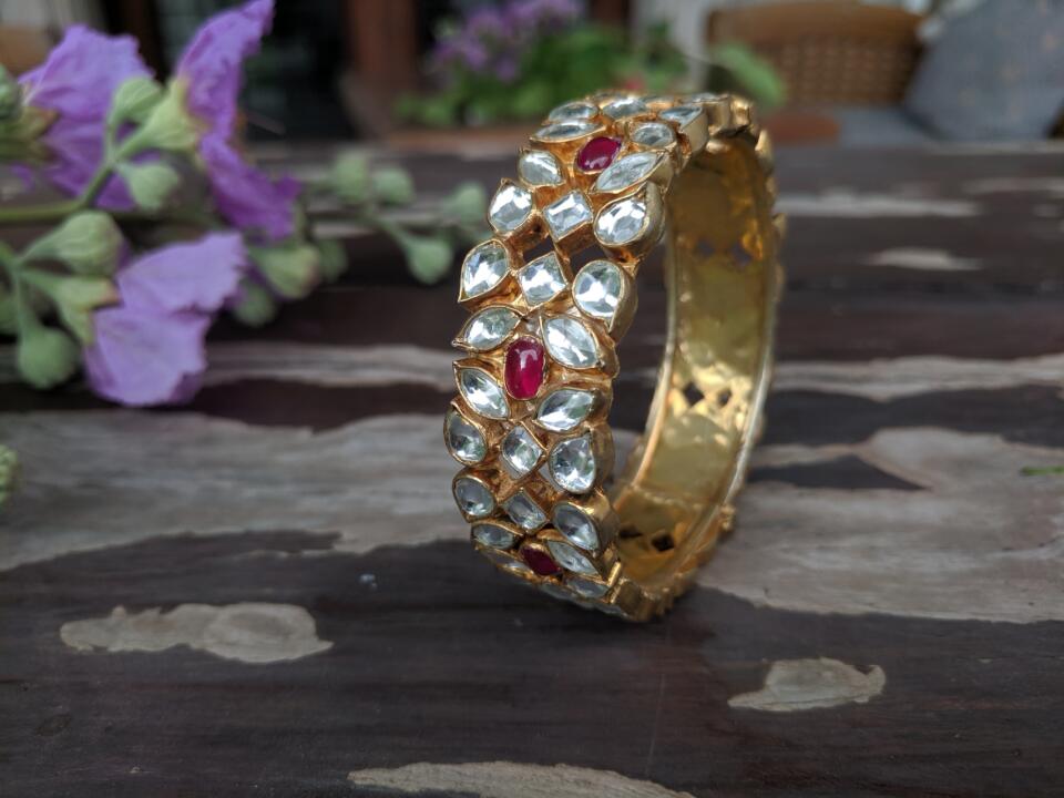 Gold Finish White And Pink Jadtar Stone Double Line Kadda