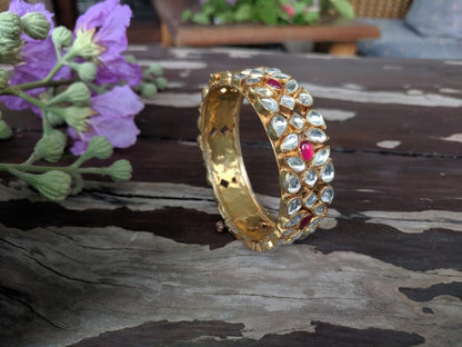 Gold Finish White And Pink Jadtar Stone Double Line Kadda