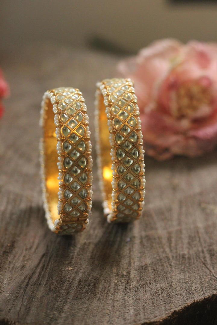 Riana Set Of 2 White Jadtar Bangles With Moti Work(Pair)