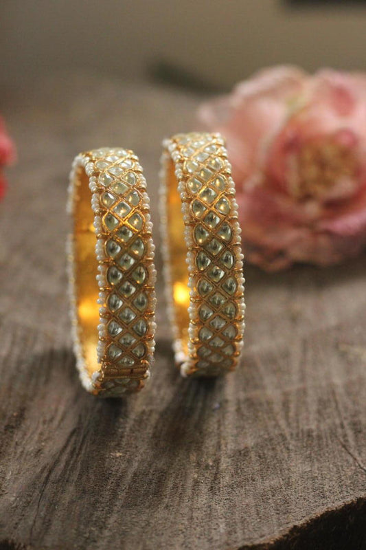 Riana Set Of 2 White Jadtar Bangles With Moti Work(Pair)