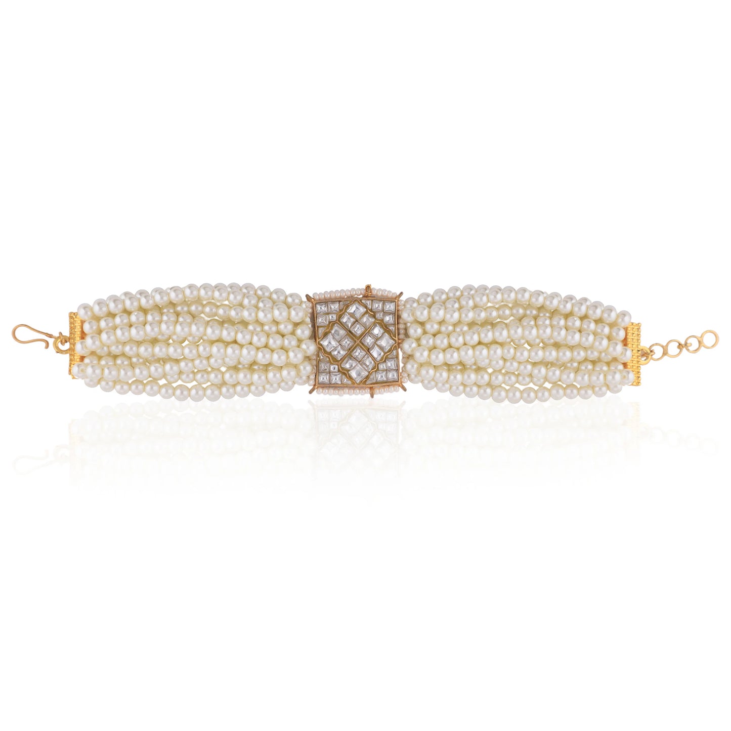 Gold Plated Square Jadtar Stone Pearl Beads Multistrand Charm Bracelet For Women And Girls