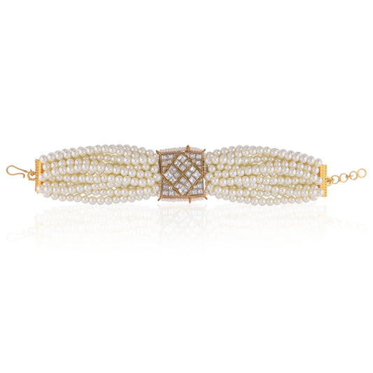 Gold Plated Square Jadtar Stone Pearl Beads Multistrand Charm Bracelet For Women And Girls