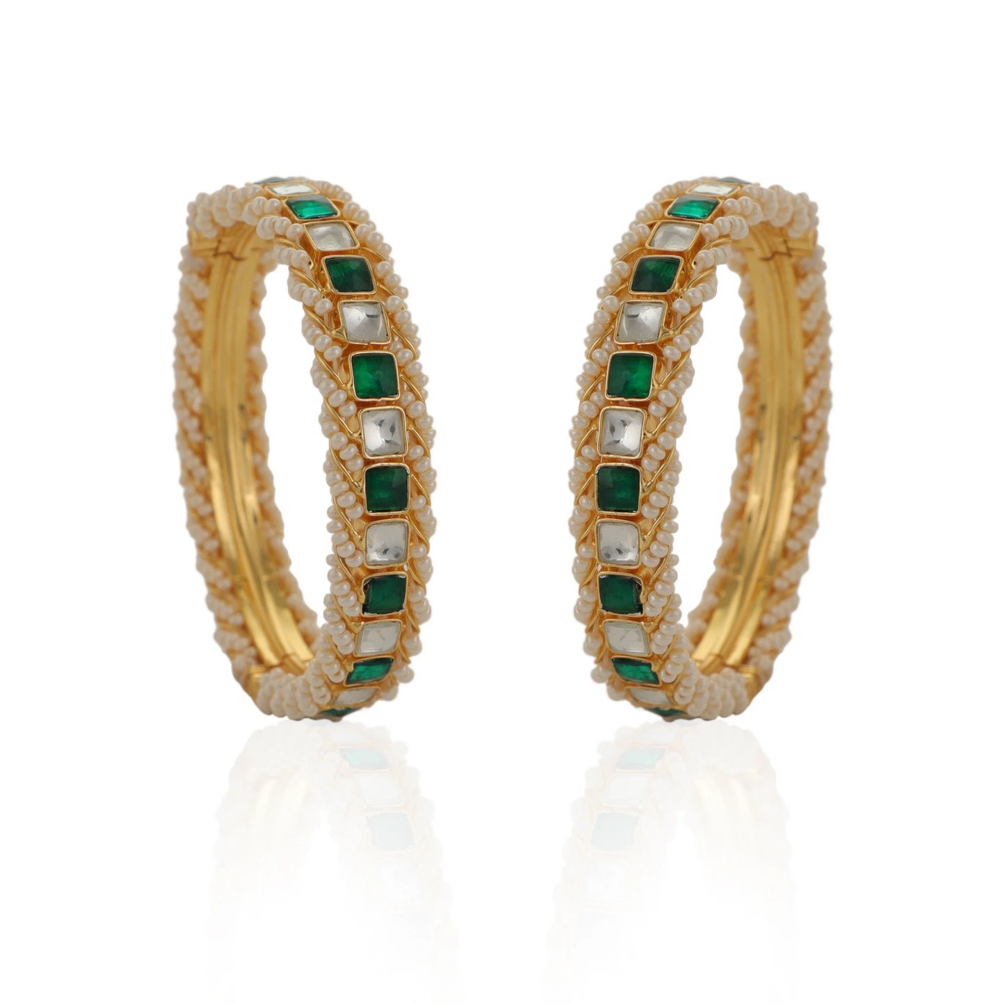 Gold Finish Semi Precious White And Green Jadtar Bangles Design By Riana Jewellery